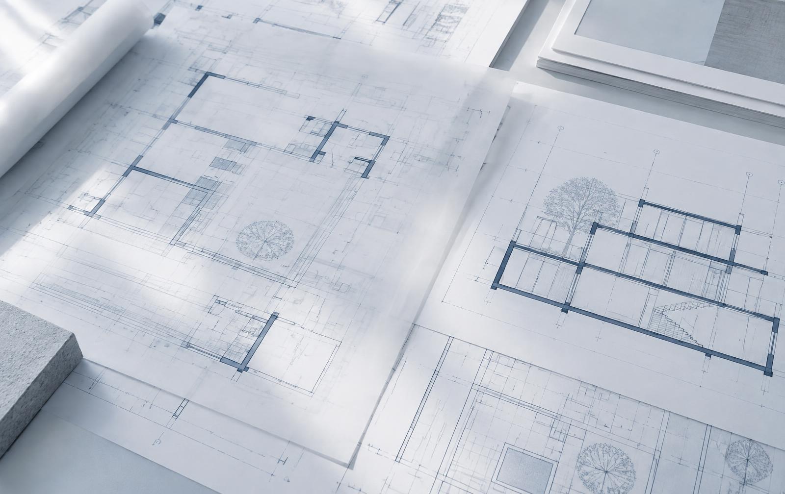 Layered technical drawings showing relationships between plans