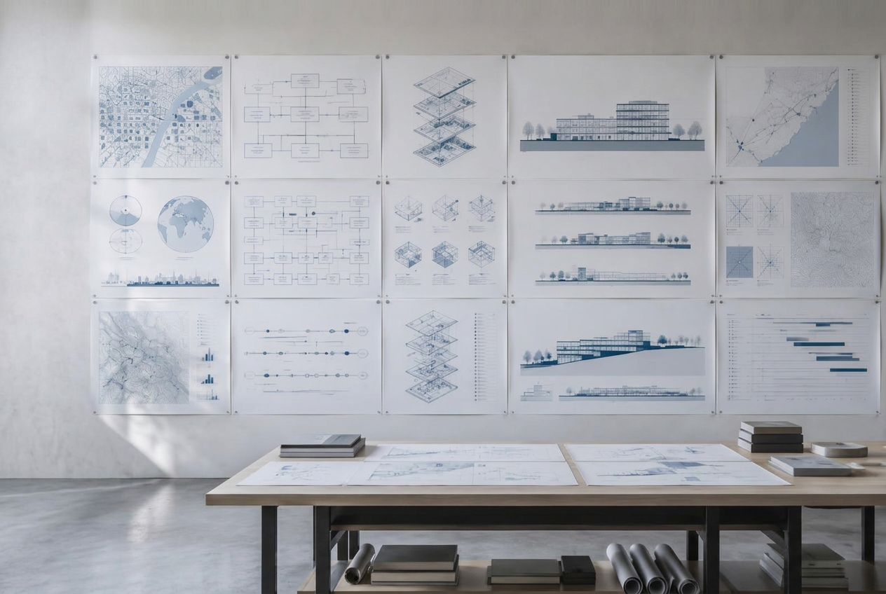 A disciplined review wall of systems maps, architecture drawings, and roadmaps
